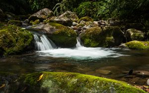 Preview wallpaper waterfall, stones, moss, water, plants