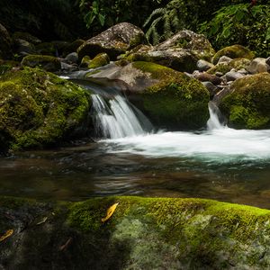 Preview wallpaper waterfall, stones, moss, water, plants