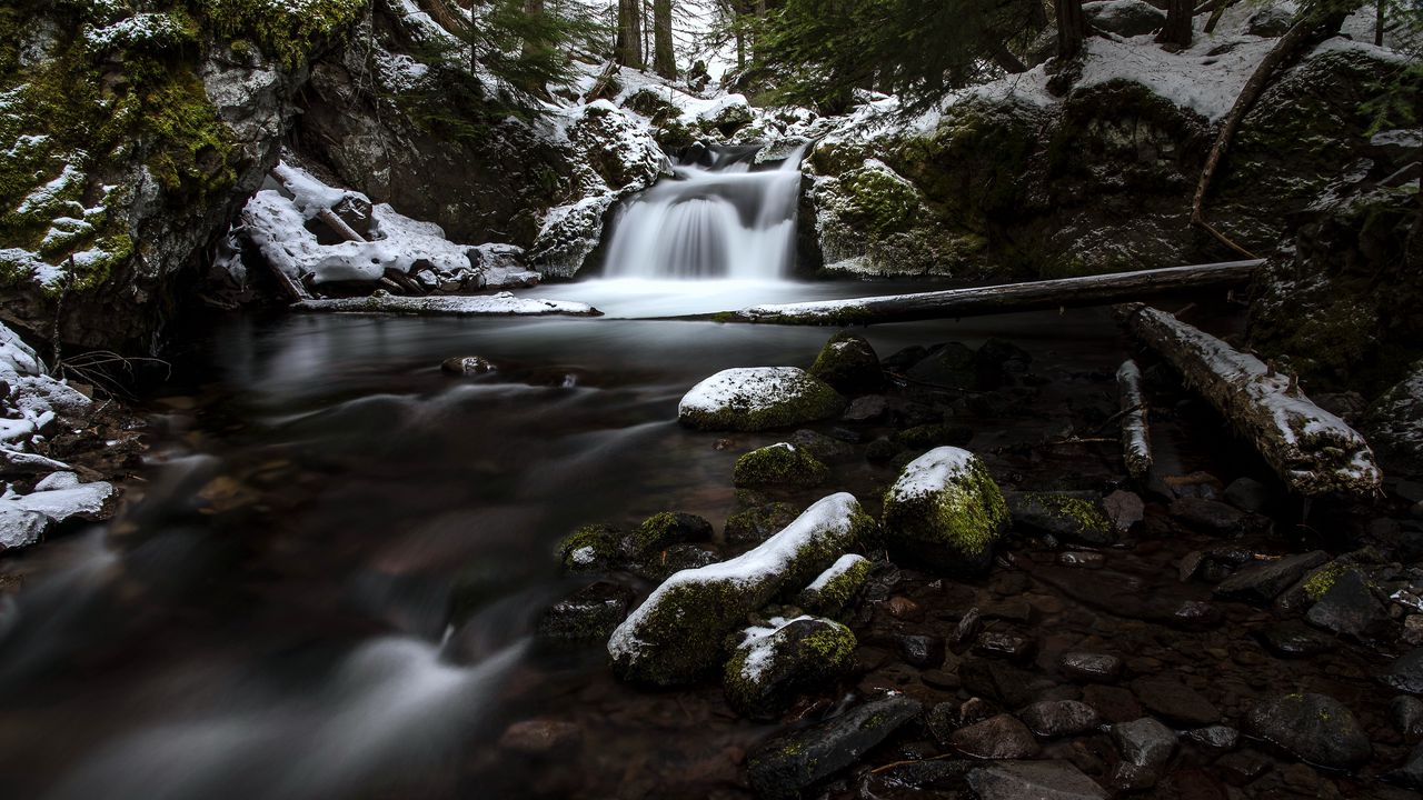 Wallpaper waterfall, stones, moss, snow, snowy