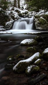 Preview wallpaper waterfall, stones, moss, snow, snowy