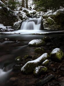 Preview wallpaper waterfall, stones, moss, snow, snowy