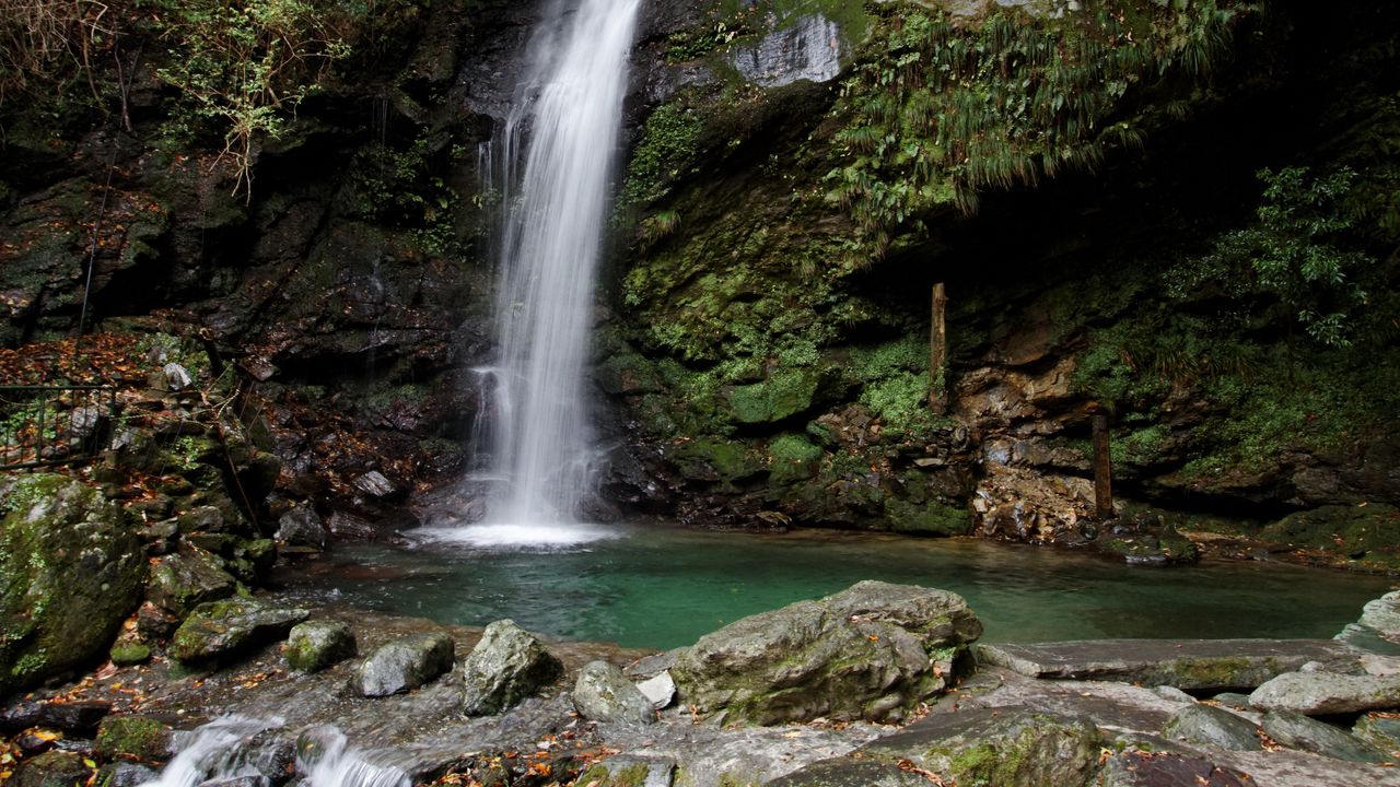 Wallpaper waterfall, stones, moss, trees