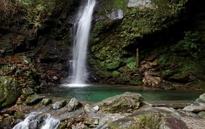 Preview wallpaper waterfall, stones, moss, trees