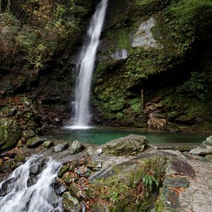 Preview wallpaper waterfall, stones, moss, trees