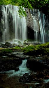 Preview wallpaper waterfall, stones, moss, branches