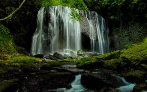 Preview wallpaper waterfall, stones, moss, branches