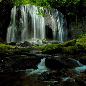 Preview wallpaper waterfall, stones, moss, branches