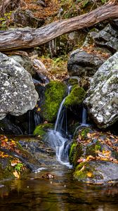 Preview wallpaper waterfall, stones, moss, leaves