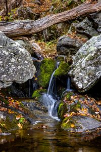 Preview wallpaper waterfall, stones, moss, leaves