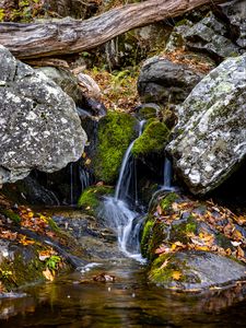 Preview wallpaper waterfall, stones, moss, leaves