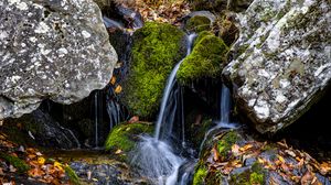 Preview wallpaper waterfall, stones, moss, leaves