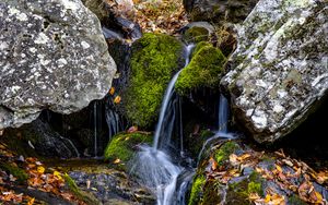 Preview wallpaper waterfall, stones, moss, leaves