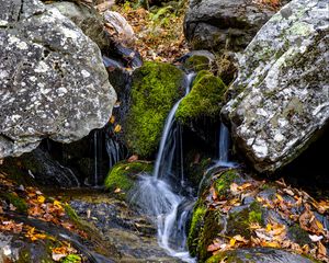 Preview wallpaper waterfall, stones, moss, leaves