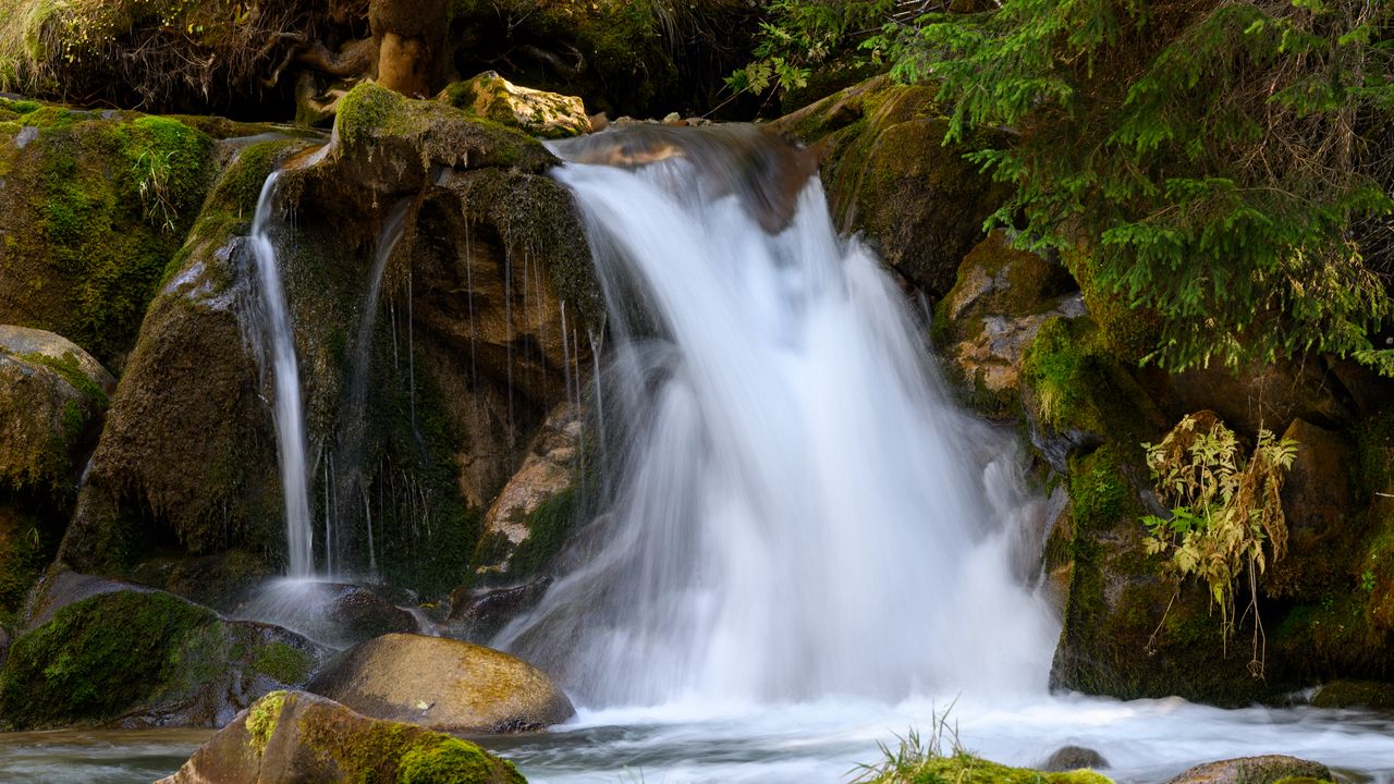 Wallpaper waterfall, stones, moss, long exposure, nature