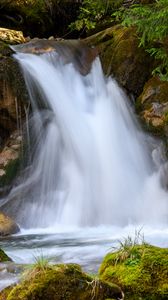 Preview wallpaper waterfall, stones, moss, long exposure, nature