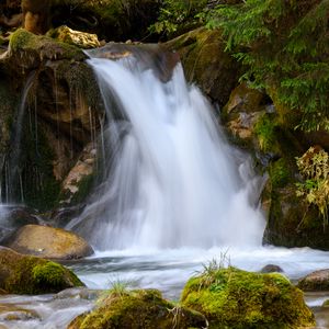 Preview wallpaper waterfall, stones, moss, long exposure, nature