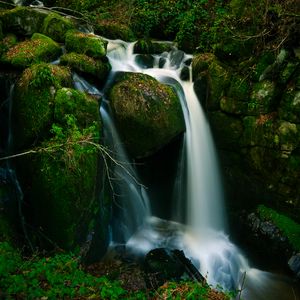 Preview wallpaper waterfall, stones, moss, branches, green