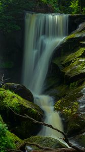 Preview wallpaper waterfall, stones, moss, nature, long exposure