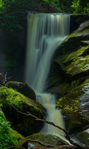 Preview wallpaper waterfall, stones, moss, nature, long exposure