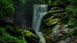 Preview wallpaper waterfall, stones, moss, nature, long exposure