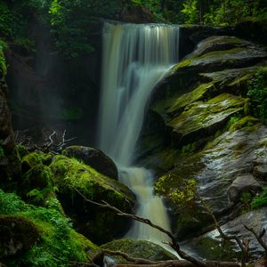 Preview wallpaper waterfall, stones, moss, nature, long exposure