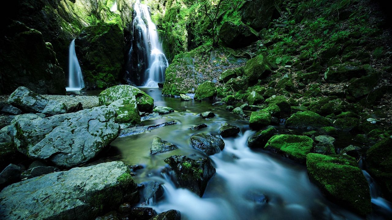 Wallpaper waterfall, stones, moss, water