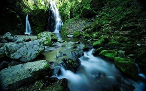 Preview wallpaper waterfall, stones, moss, water