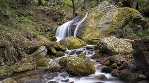 Preview wallpaper waterfall, stones, moss, nature, landscape