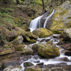 Preview wallpaper waterfall, stones, moss, nature, landscape