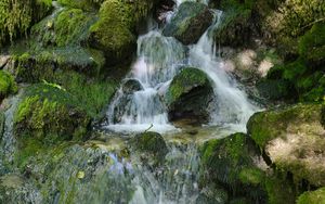 Preview wallpaper waterfall, stones, moss, nature, cascade