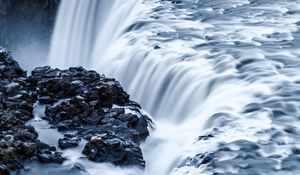 Preview wallpaper waterfall, stones, nature, landscape, cliff