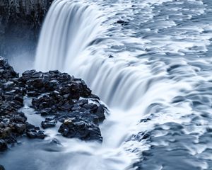 Preview wallpaper waterfall, stones, nature, landscape, cliff