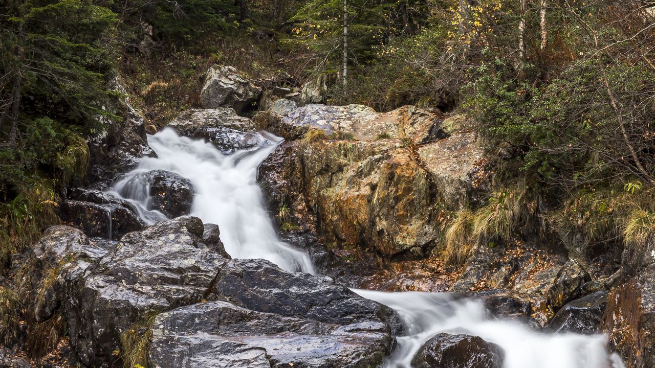 Wallpaper waterfall, stones, nature, water, long exposure