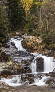 Preview wallpaper waterfall, stones, nature, water, long exposure