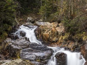 Preview wallpaper waterfall, stones, nature, water, long exposure