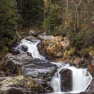 Preview wallpaper waterfall, stones, nature, water, long exposure