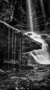 Preview wallpaper waterfall, stones, nature, black and white