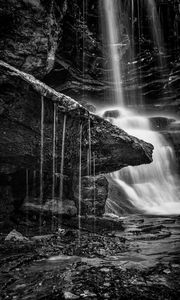 Preview wallpaper waterfall, stones, nature, black and white