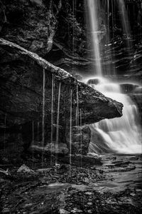 Preview wallpaper waterfall, stones, nature, black and white