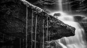 Preview wallpaper waterfall, stones, nature, black and white