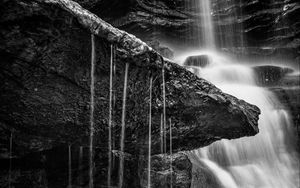 Preview wallpaper waterfall, stones, nature, black and white