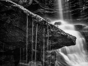 Preview wallpaper waterfall, stones, nature, black and white