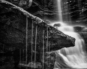 Preview wallpaper waterfall, stones, nature, black and white