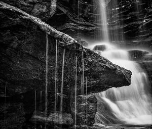 Preview wallpaper waterfall, stones, nature, black and white