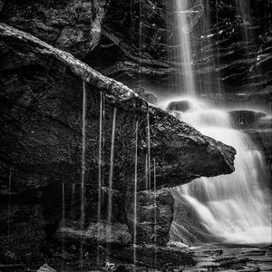 Preview wallpaper waterfall, stones, nature, black and white