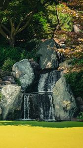 Preview wallpaper waterfall, stones, pond, trees, nature