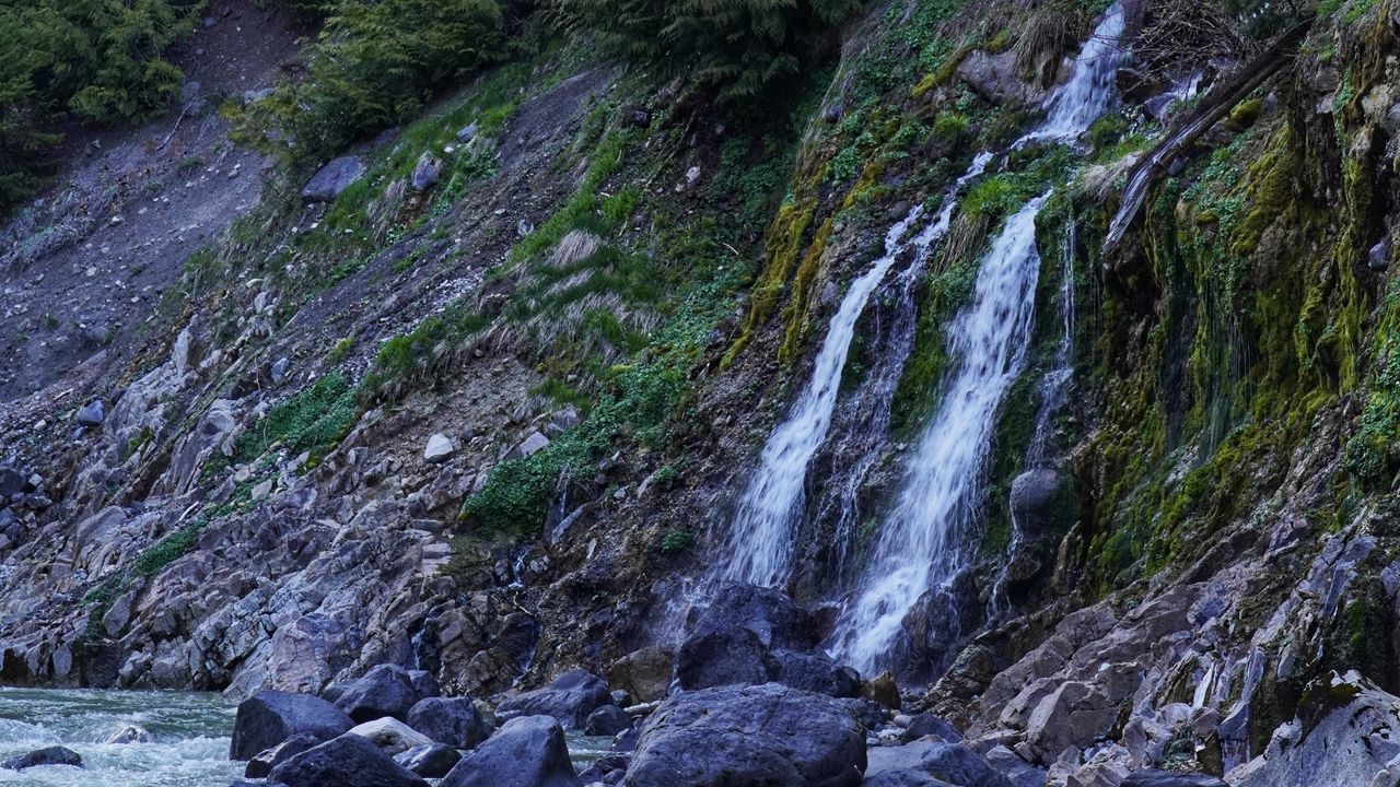 Wallpaper waterfall, stones, river, slope