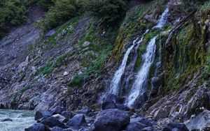 Preview wallpaper waterfall, stones, river, slope