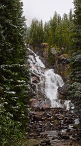 Preview wallpaper waterfall, stones, rock, trees, snow