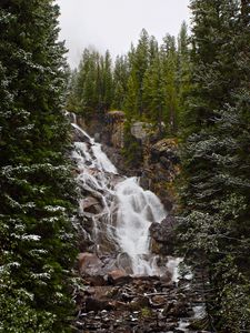Preview wallpaper waterfall, stones, rock, trees, snow
